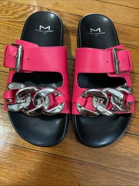 Marc Fisher Hot Pink Slide Sandals with Silver Chain Accent